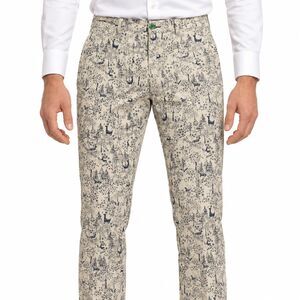 Mens 36 Cream Navy Woodland Deer Print Cotton Slim Fit Dress Pants Trousers NWT